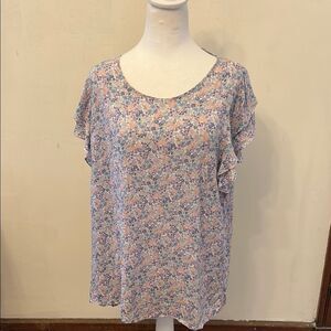 Cynthia Rowley purple pink floral ruffle cap sleeve blouse Size XL New